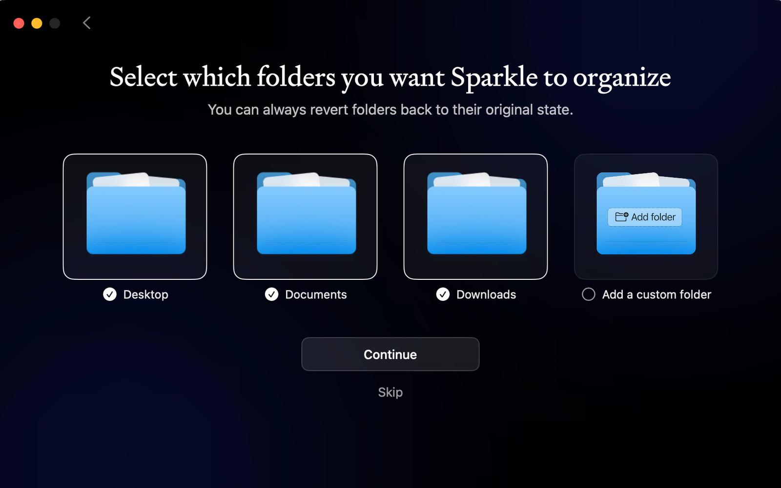 Select folders want to Organize and choose plan in Sparkle on Mac