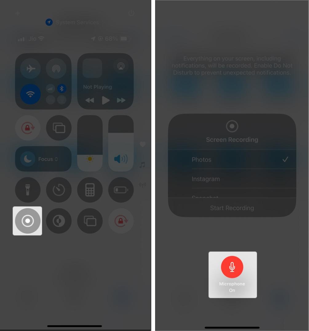 Select Microphone to record FaceTime calls with audio in iPhone
