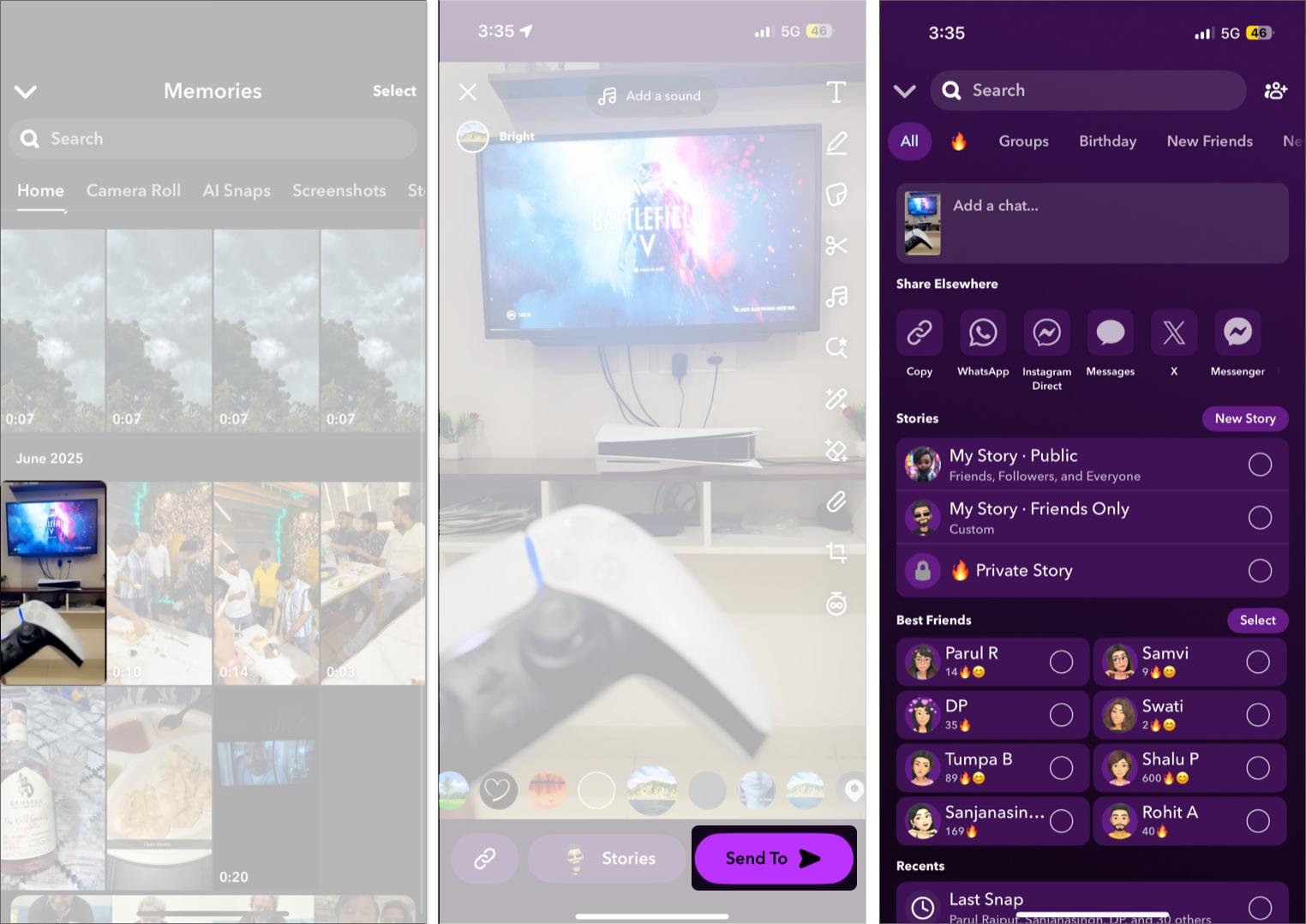 Select snap and share it with friends on Snapchat or on any other app