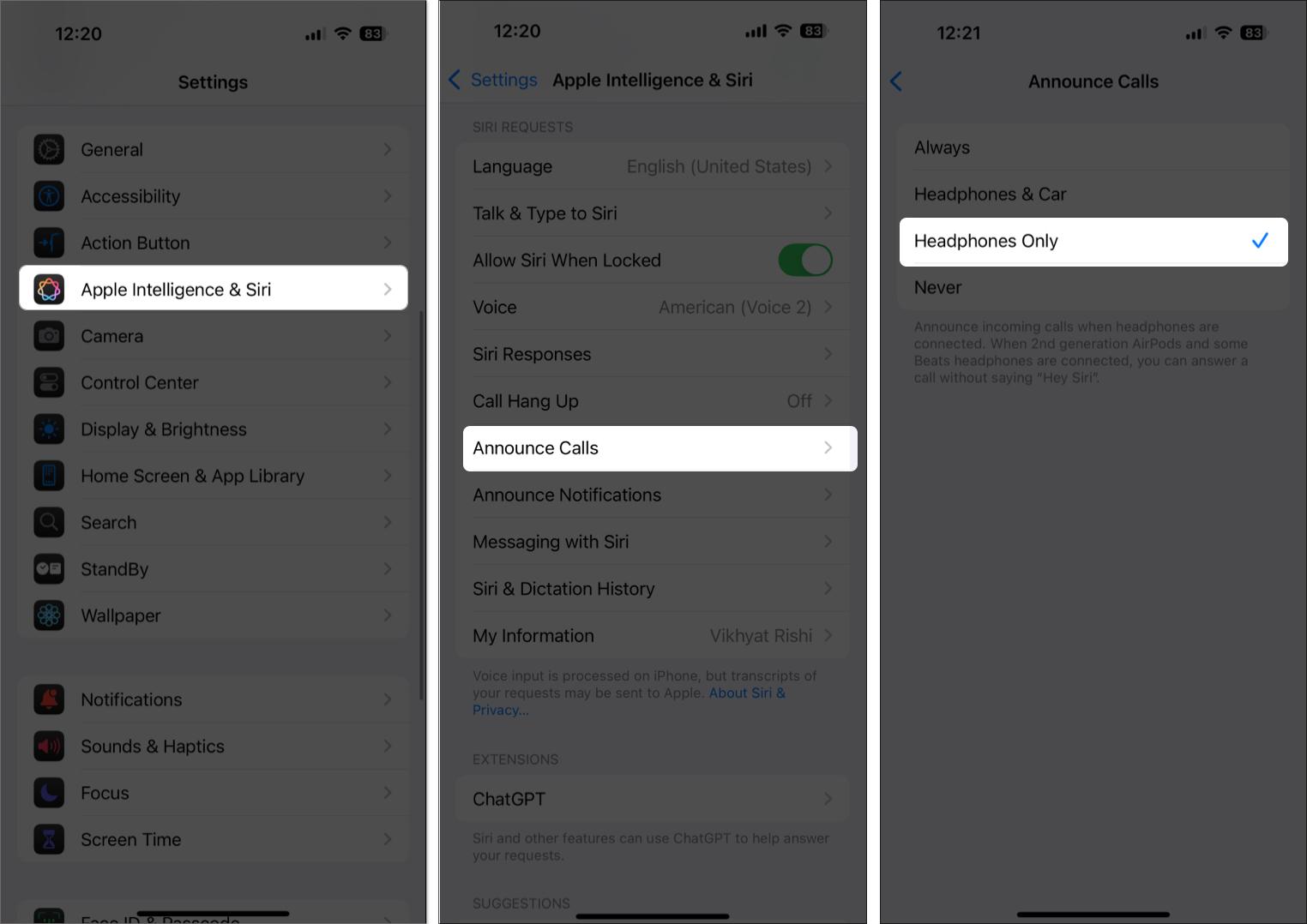 Set up announce calls on iPhone settings