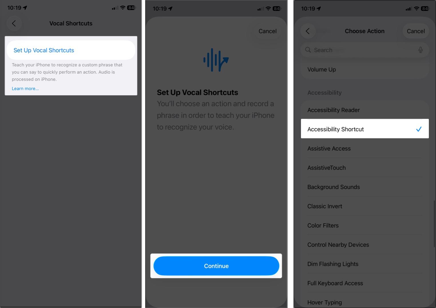 Setup vocal accessibility shortcuts in iPhone or iPad
