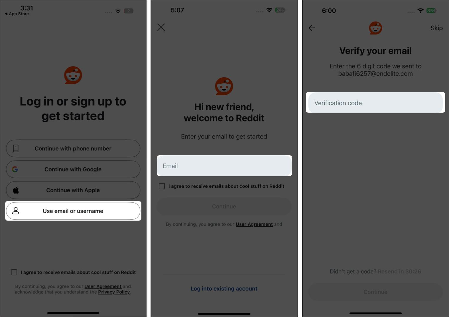 Sign up Reddit account on Reddit app