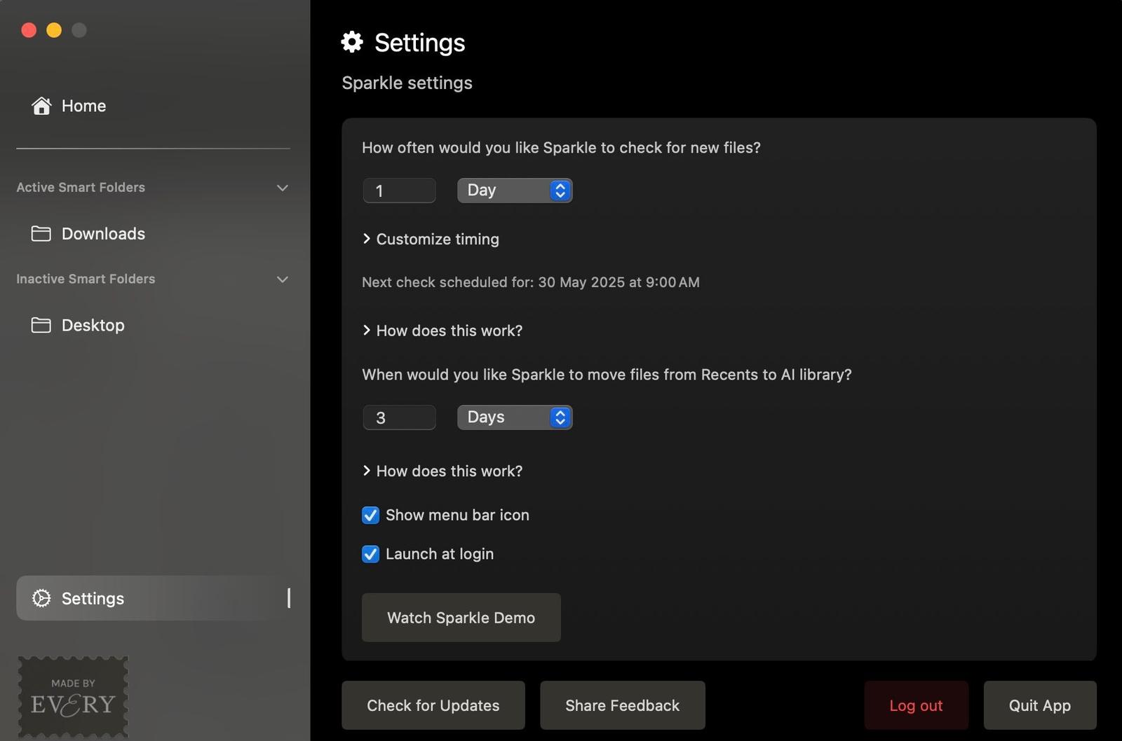 Sparkle settings on the Mac