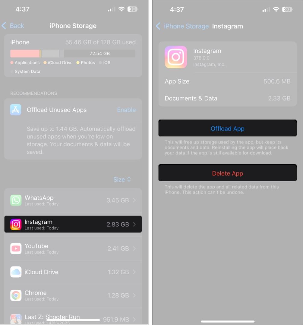 Tap any app to either Offload app or Delete app to free up storage on iPhone