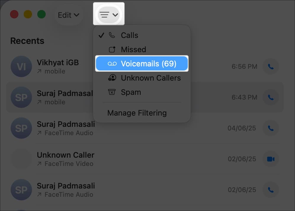Tap menu icon in phone app and select voicemail on macOS 26