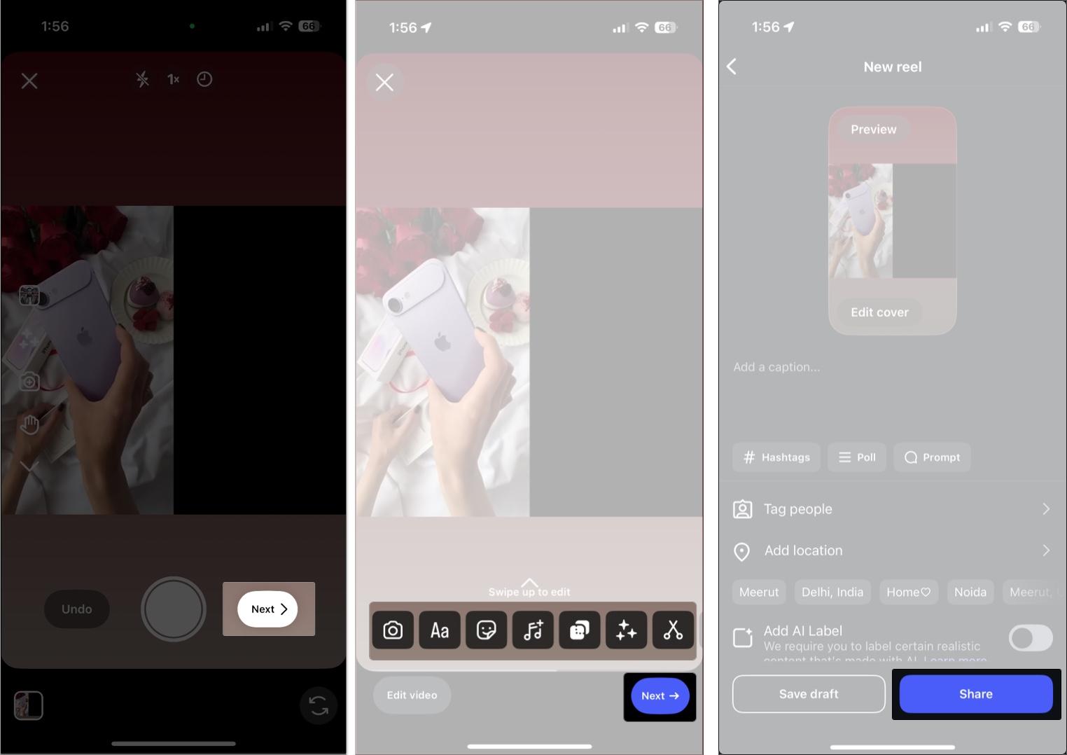 Tap next to remix reel on instagram