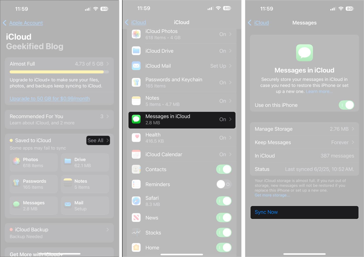 Tap on sync now all message on iPhone