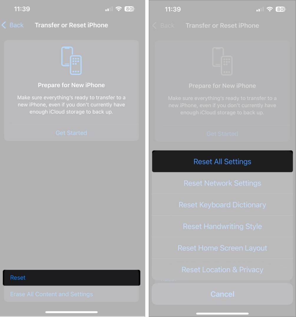Tap Reset and choose Reset all settings on iPhone