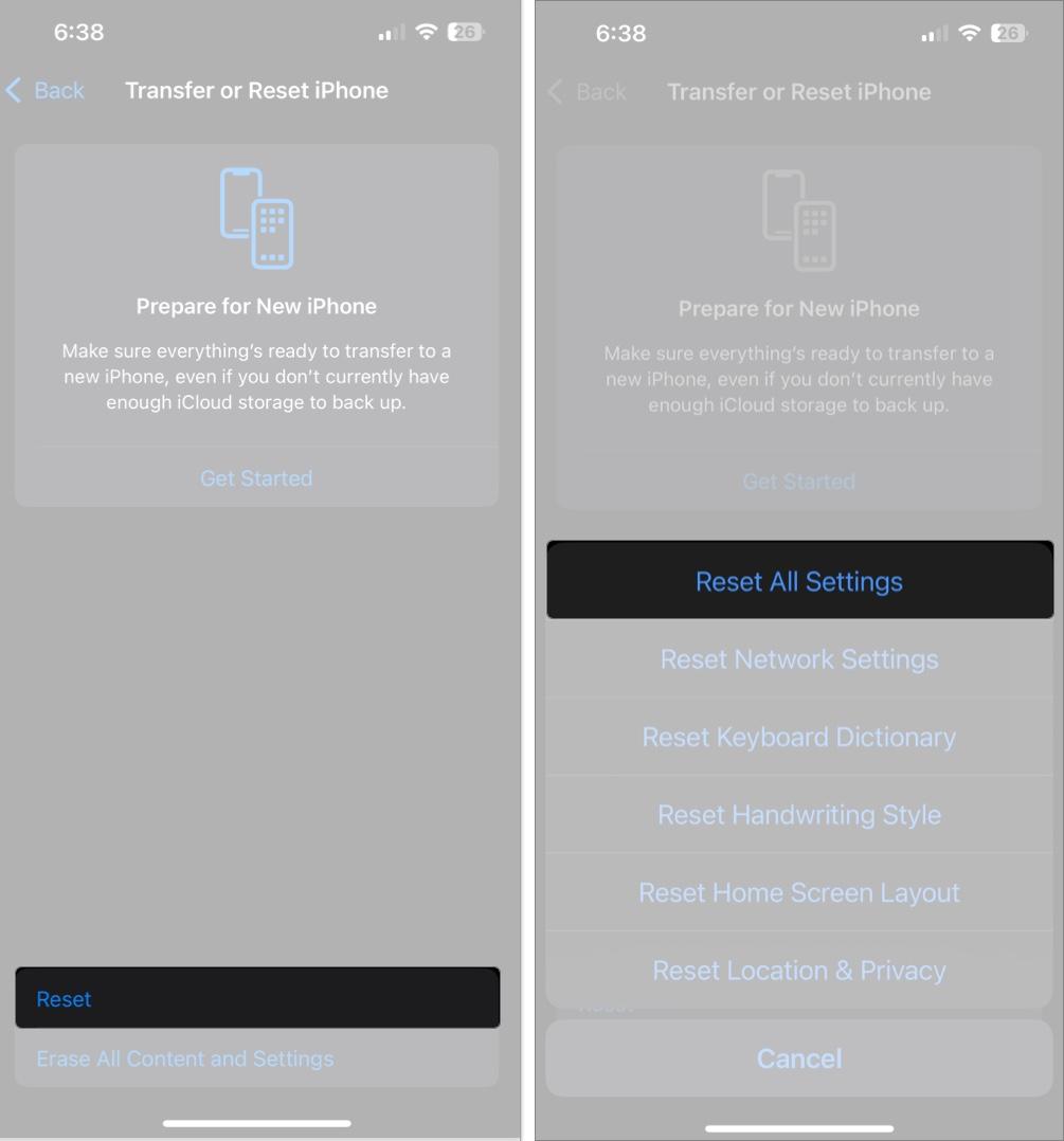 Tap Reset and then Reset all settings on iPhone
