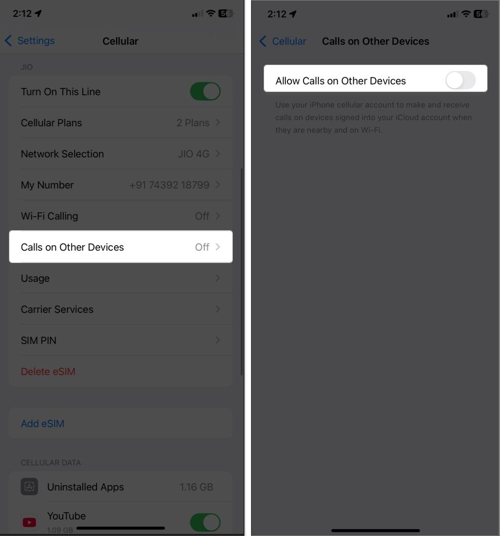 Toggle off to allow calls on other devices in iPhone setting for FaceTime