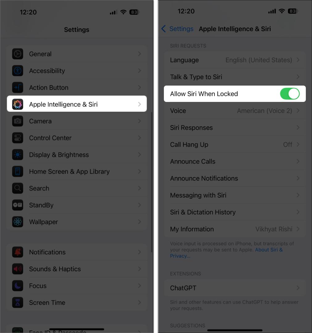 Toggle on allow Siri access iPhone when locked