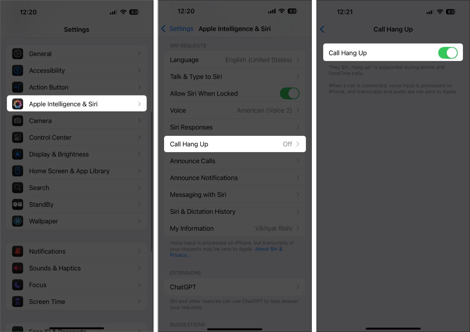Toggle on call hang up on iPhone settings