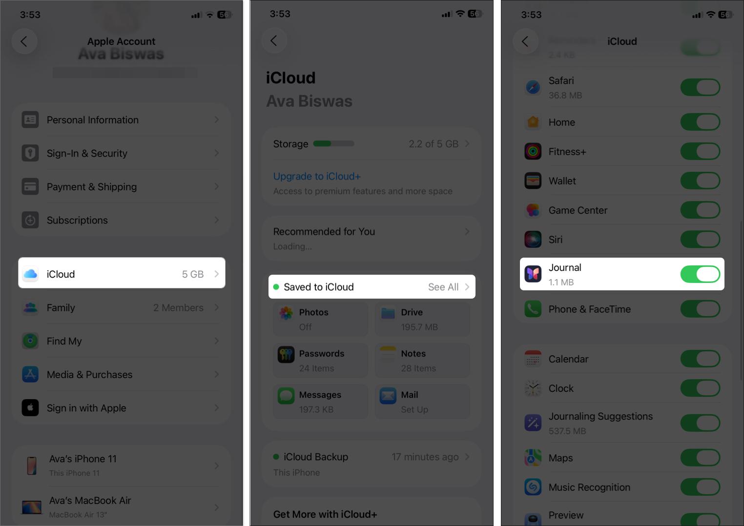 Toggle on journal to back up the entries and sync