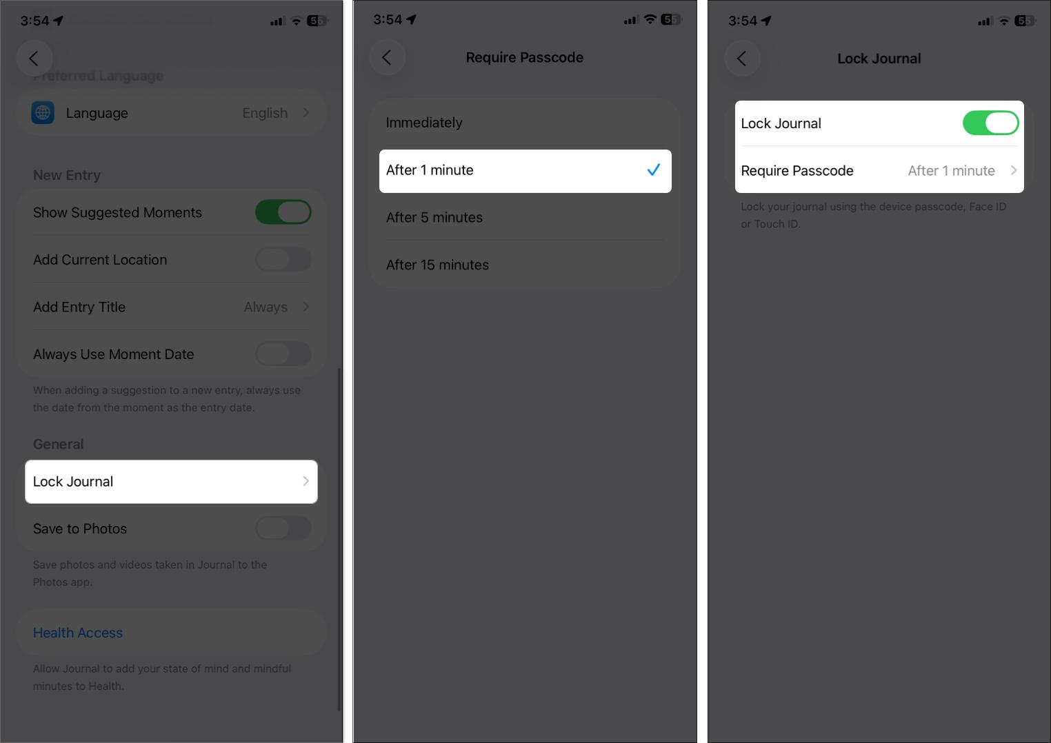Toggle on lock journal in iPhone settings