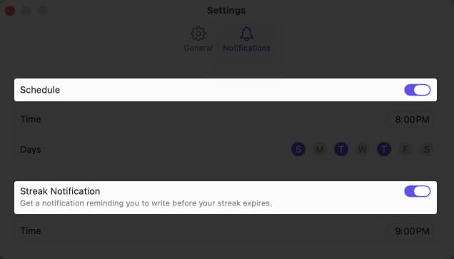Toggle on schedule and streak notification on Mac