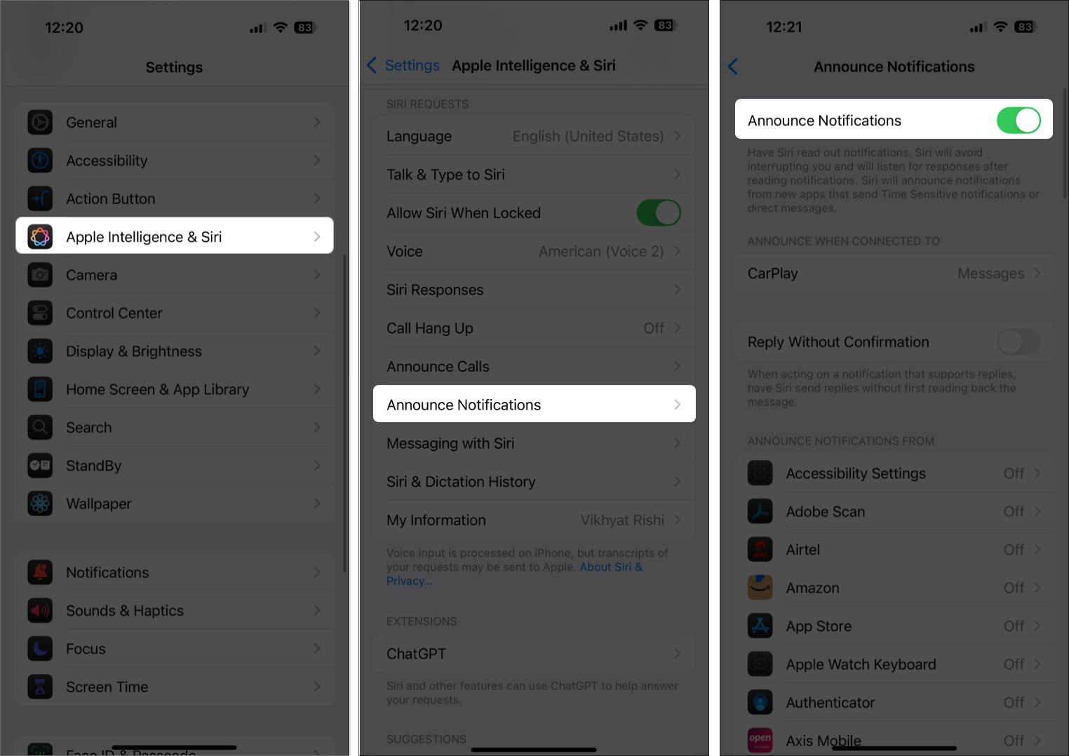 Toggling on announce notifications on iPhone settings