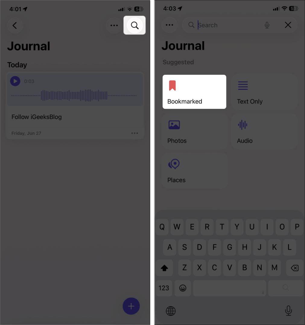 Use search bar to find bookmarked entries