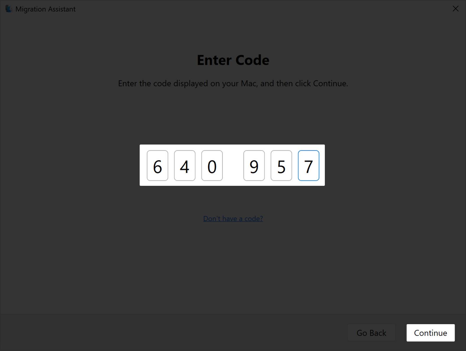 windows 11 migration assistant 3 enter code displayed on the mac