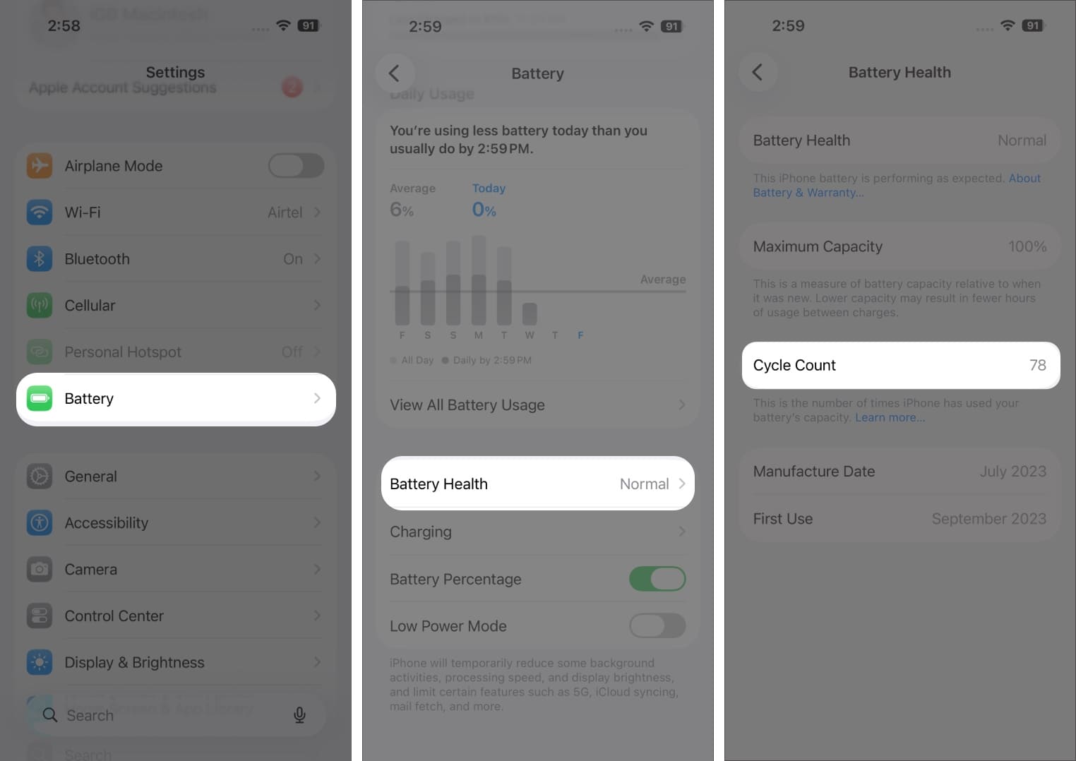 Checking iPhone battery cycle count settings