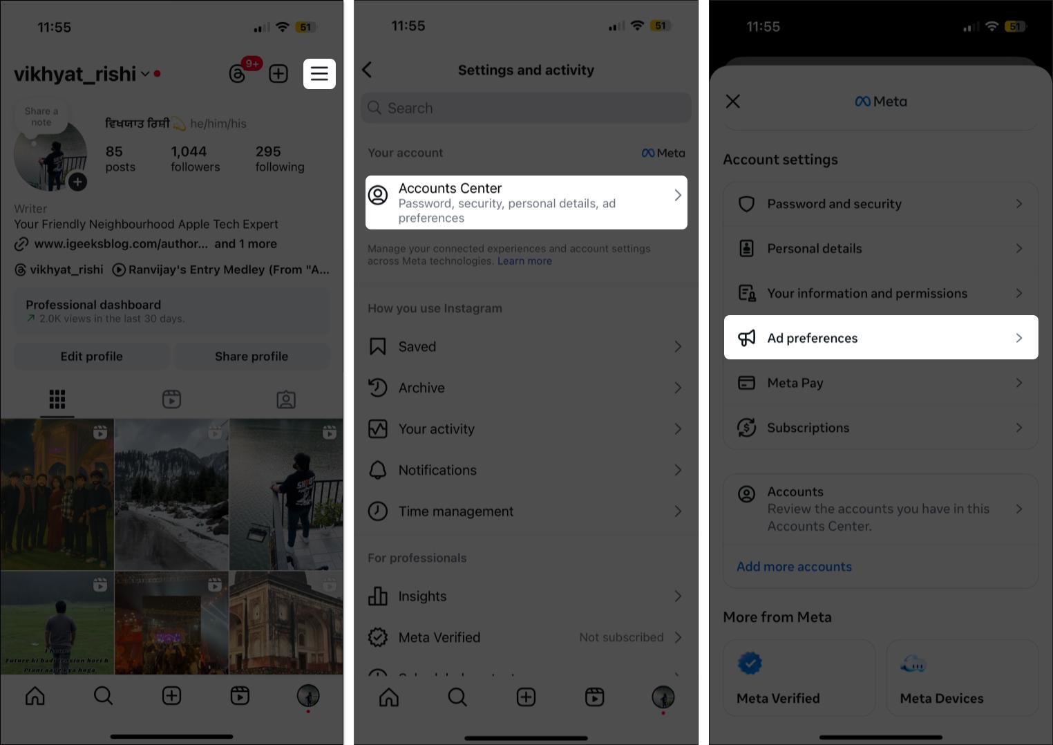 Access ad preferences in account settings on Instagram