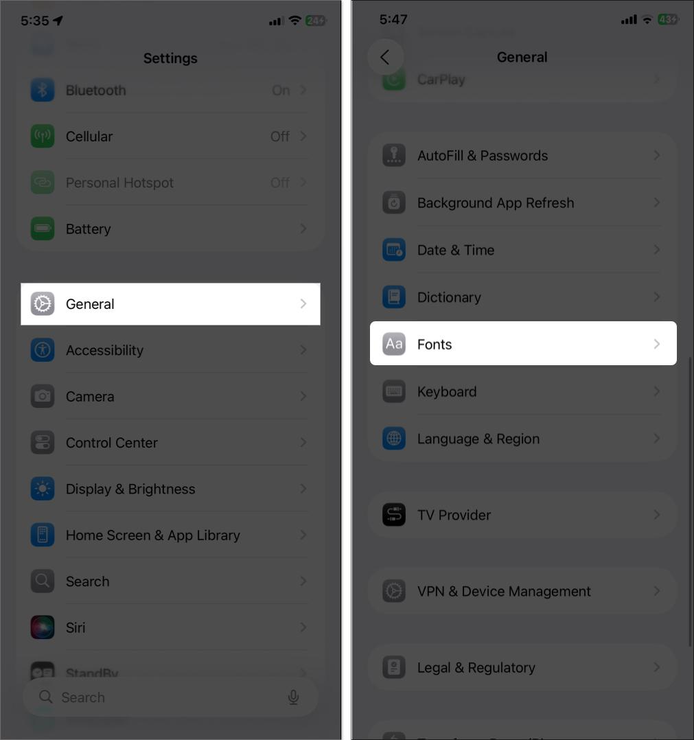 Access font option in the settings on iPhone