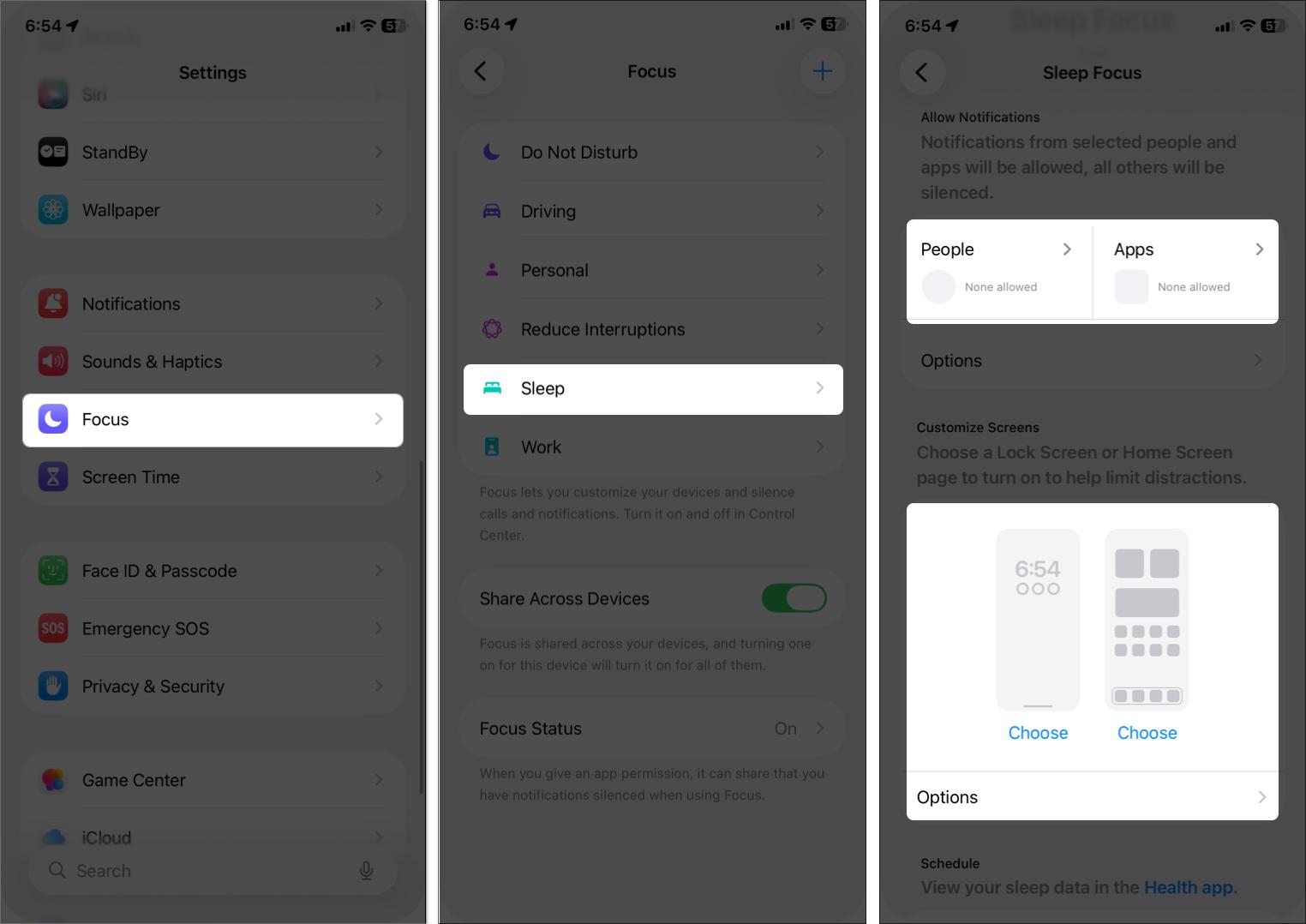 Access sleep focus settings on iPhone