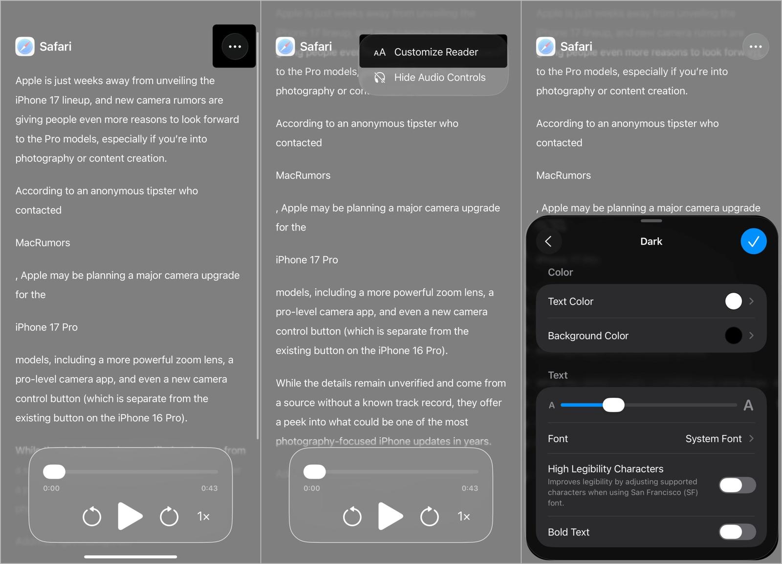 iPhone Accessibility Reader Customization