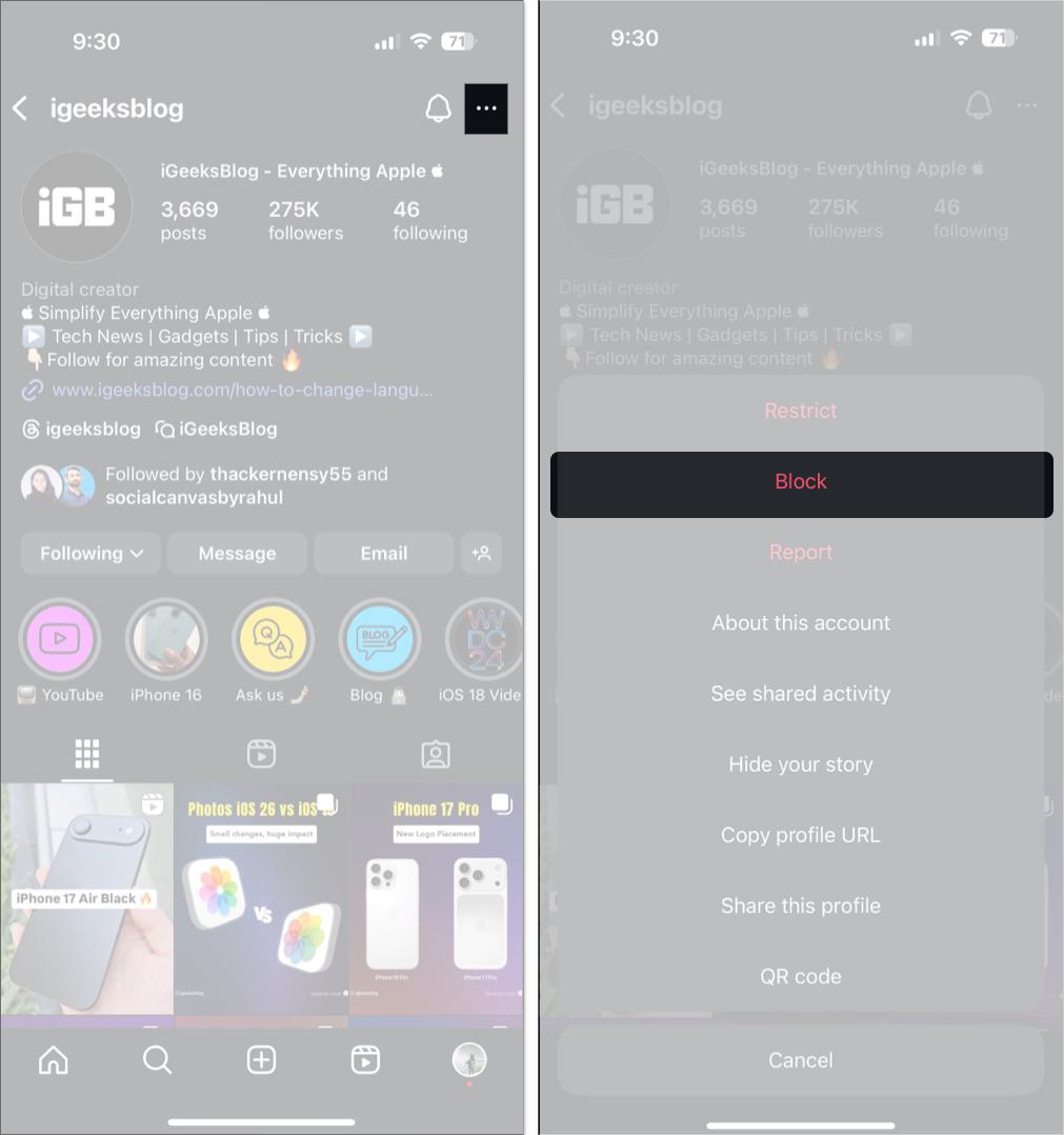Block account on Instagram
