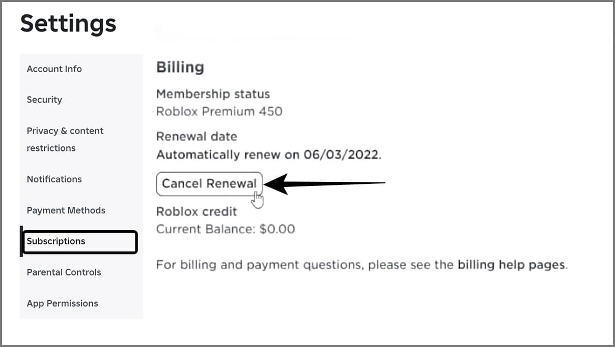 Cancel Roblox Premium on Browser