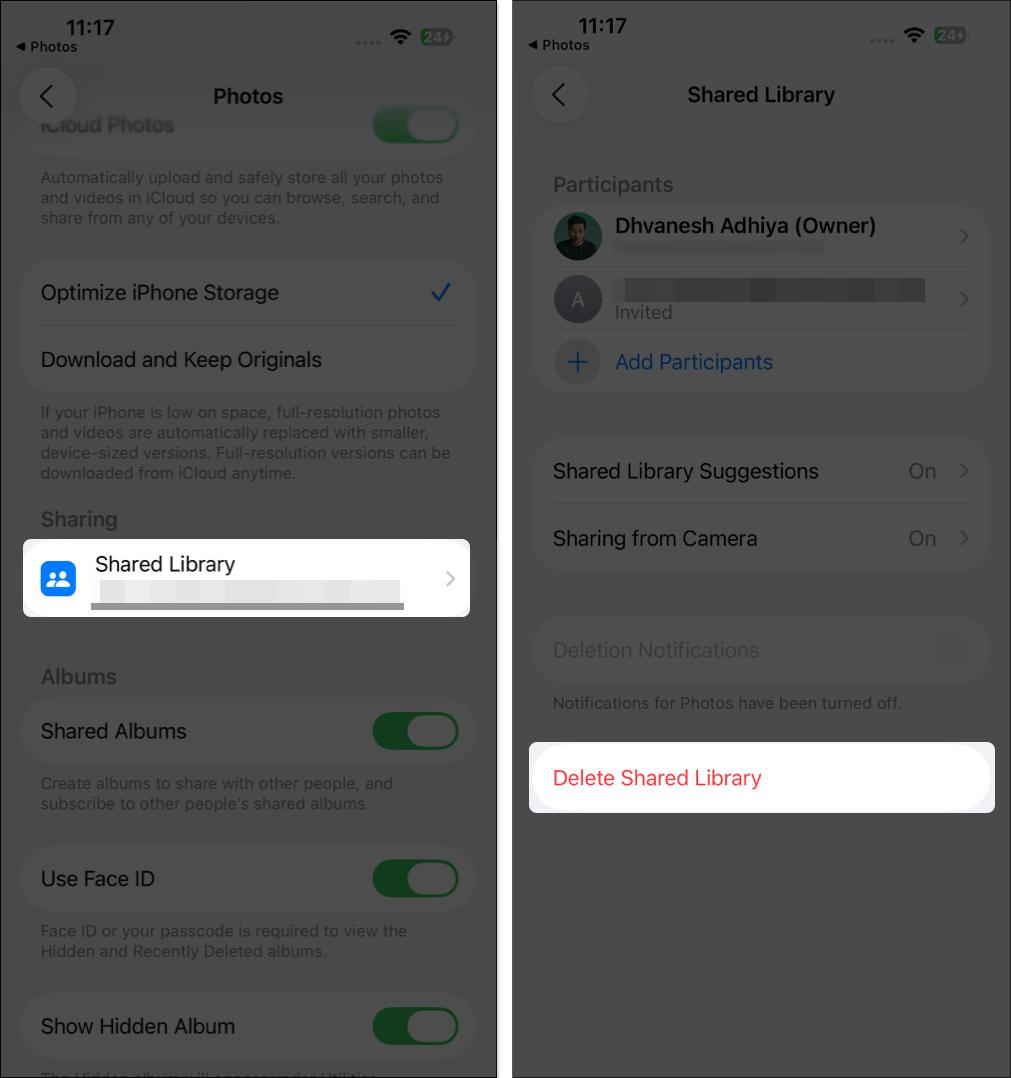 Delete shared library on the iPhone settings