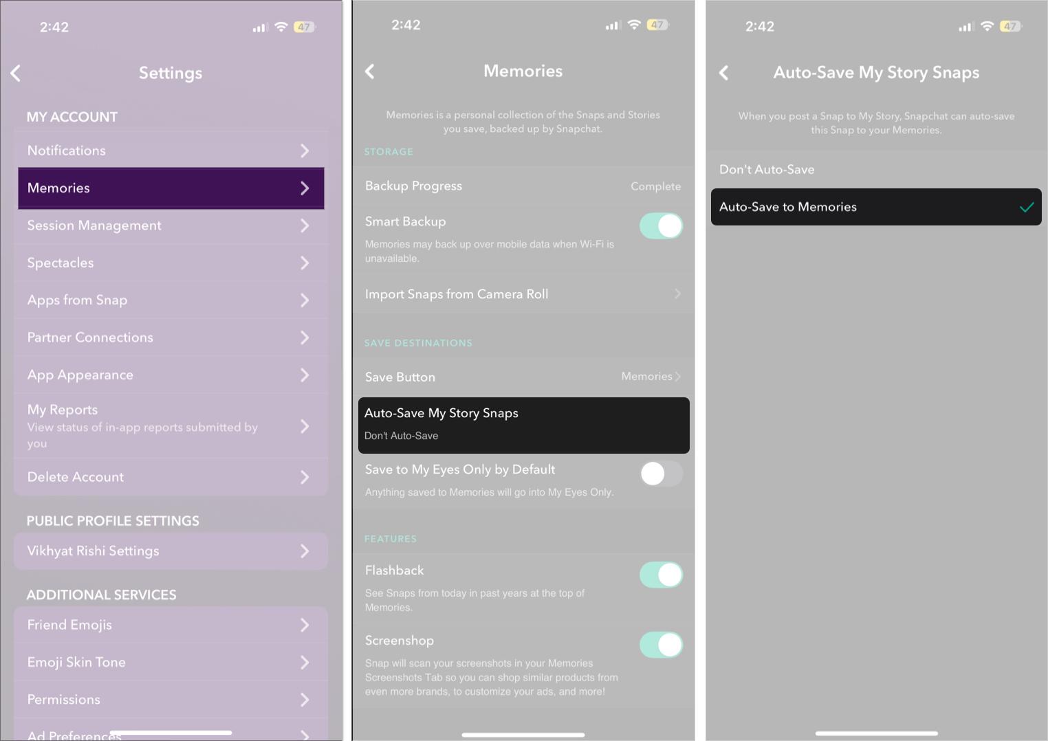 Enable the auto save to memories settings
