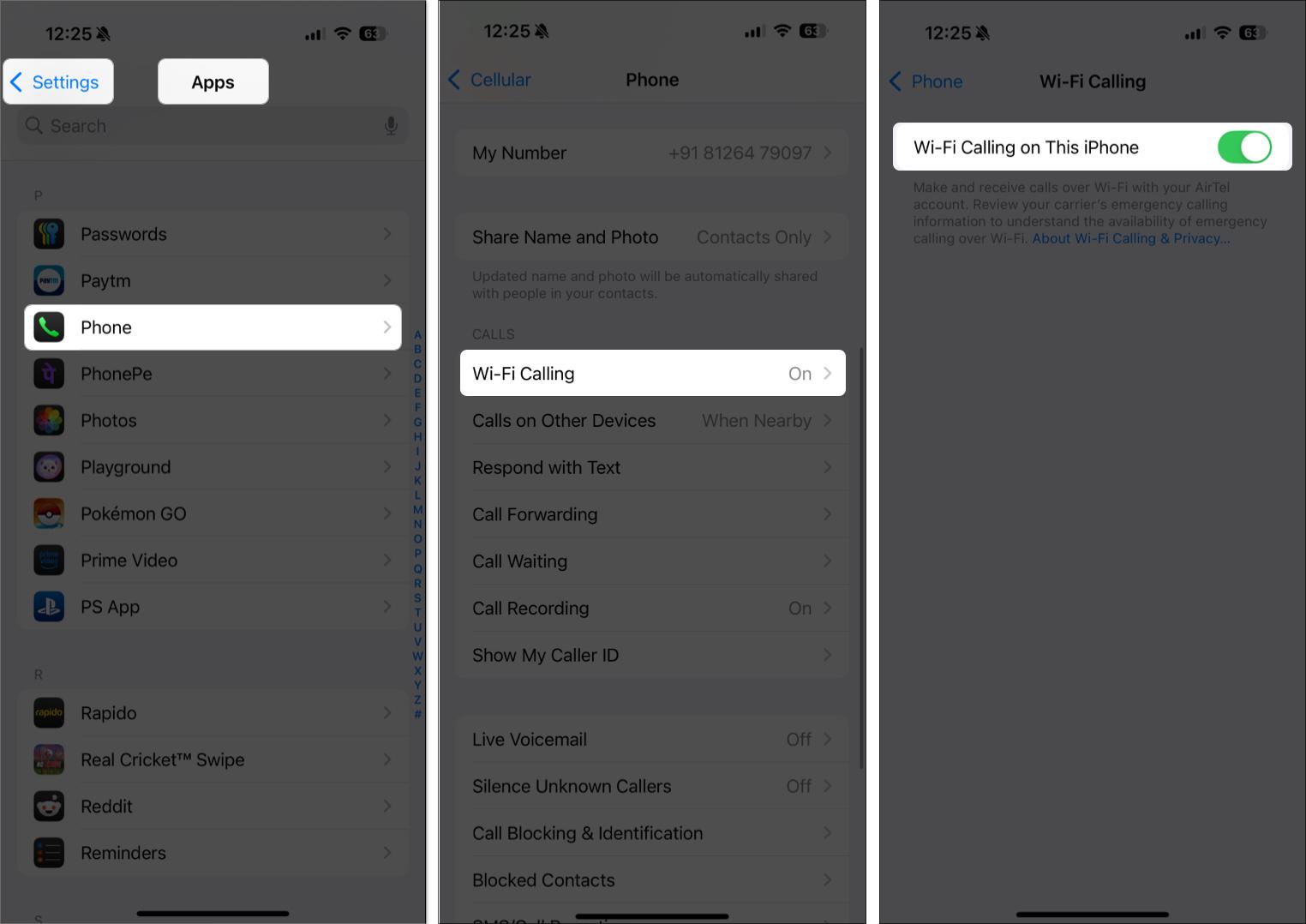 Enable wifi calling in settings on iPhone