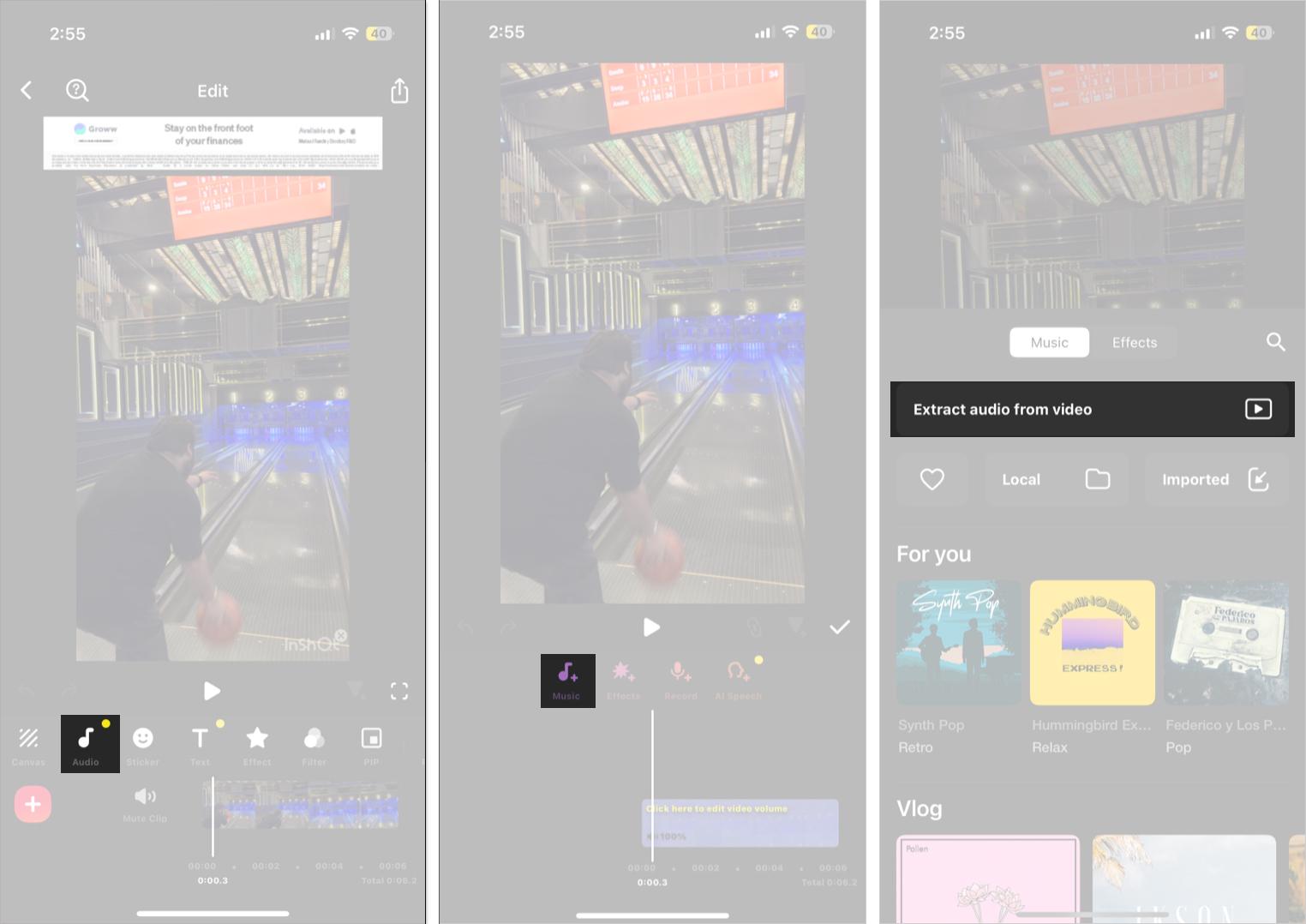 Find extract audio option in Inshot app
