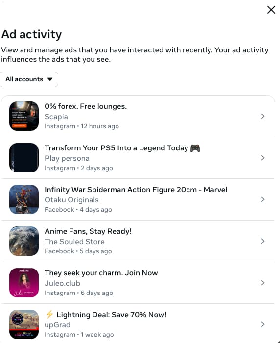 Find recently viewed ads from Facebook website