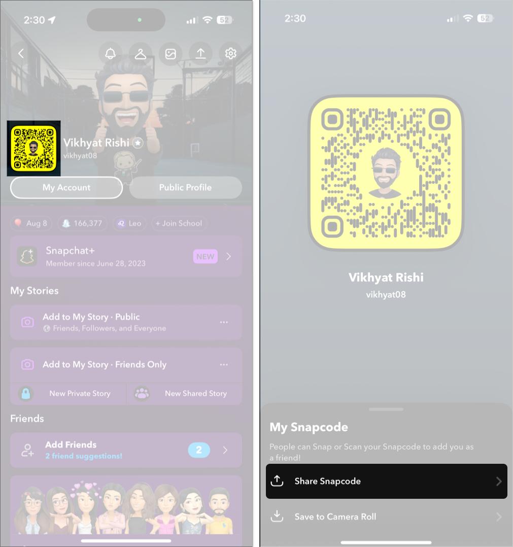 Find share Snapcode option
