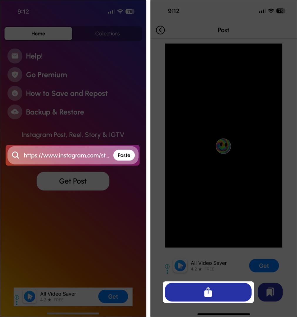 Now open InSaver app and paste link and tap on share icon