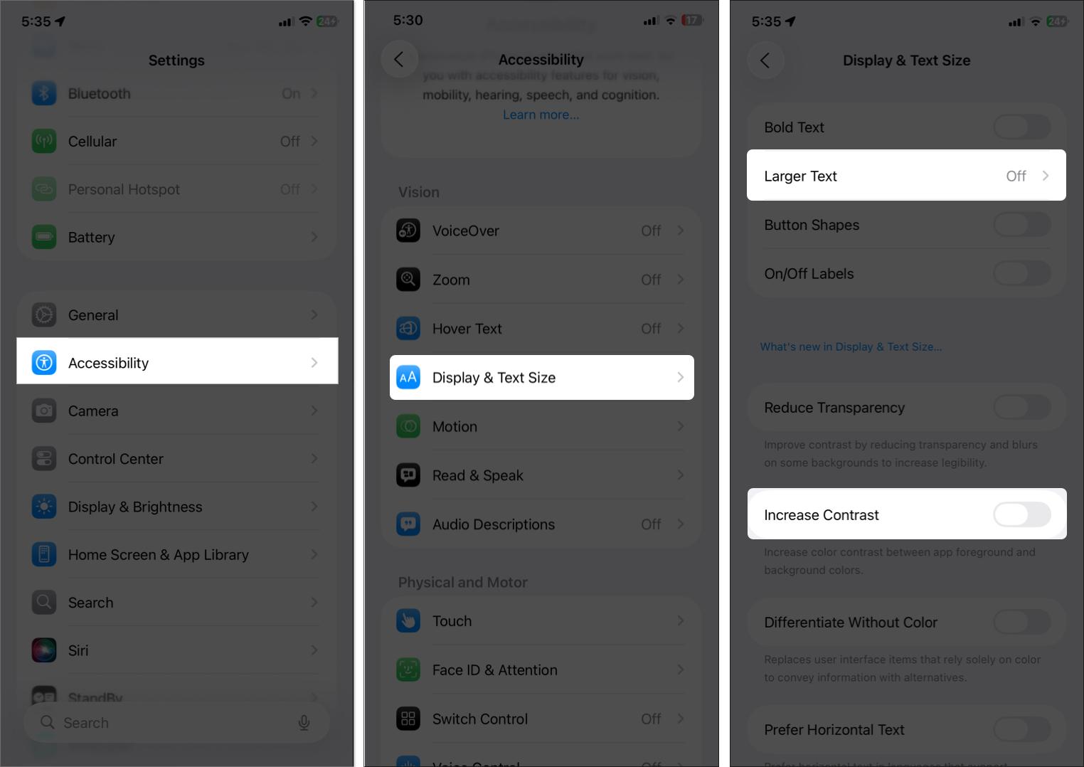 Open display and text size option in iPhone settings