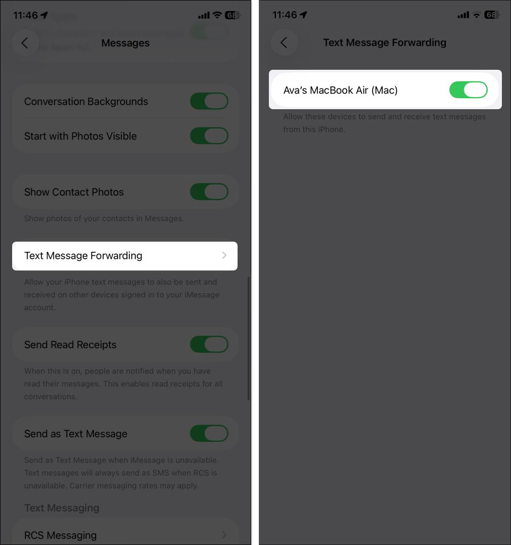 Open text message forwarding settings and toggle on Mac name