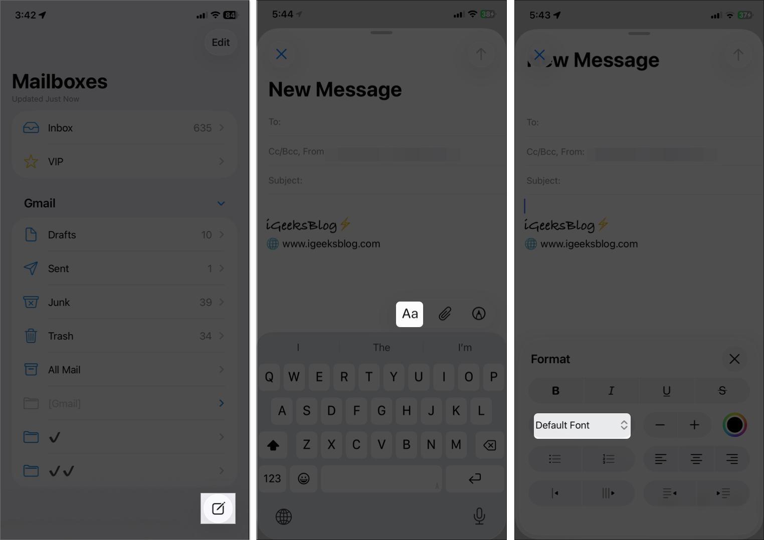 Open toolbar in the mail app on the iPhone