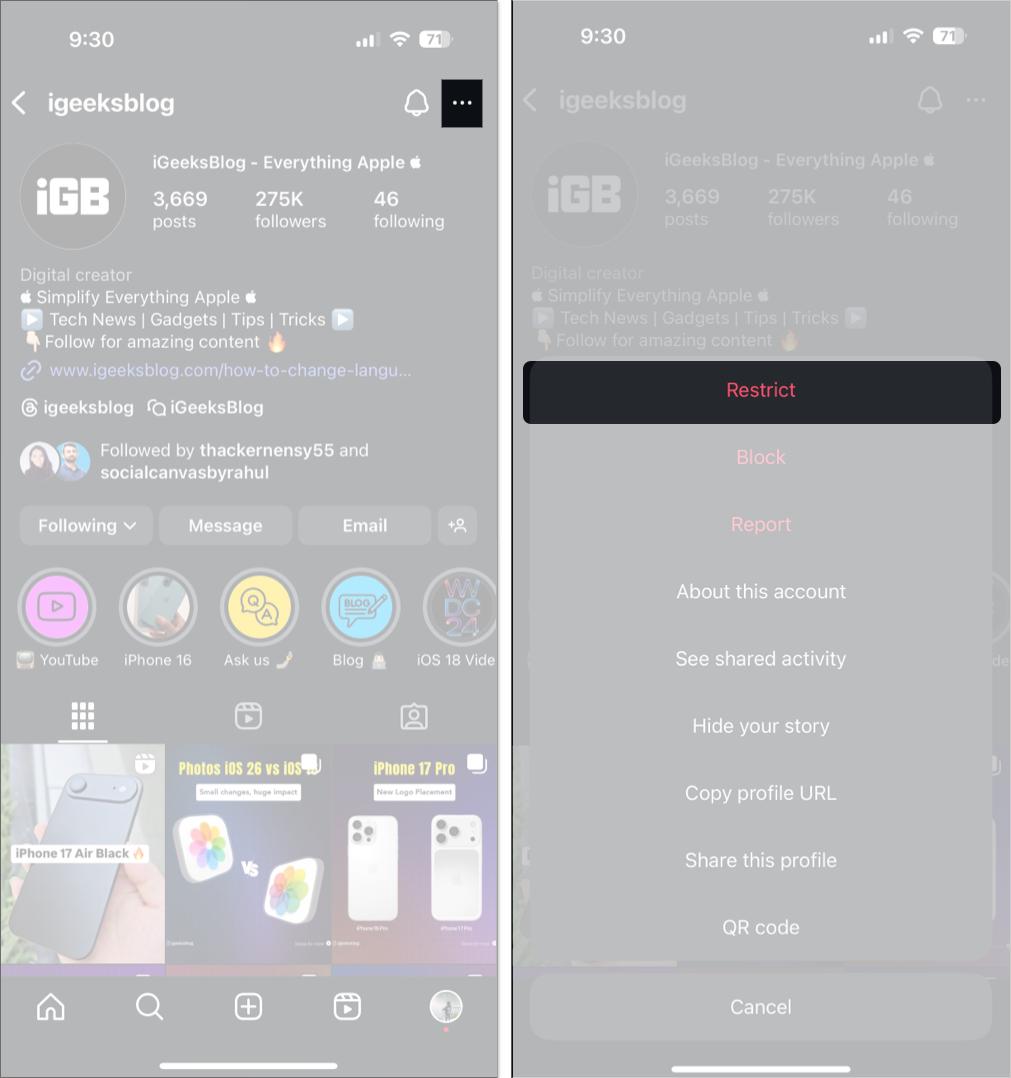 Restrict other account from messaging on Instagram