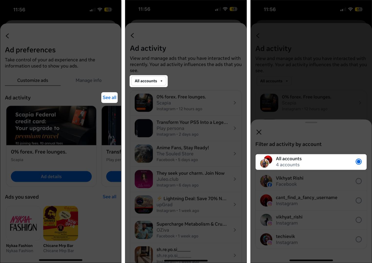Select Instagram account to view recent ad activity