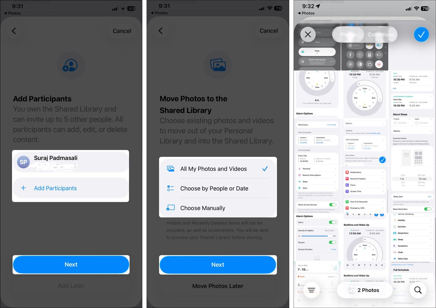 Select photos and videos to move to shared library