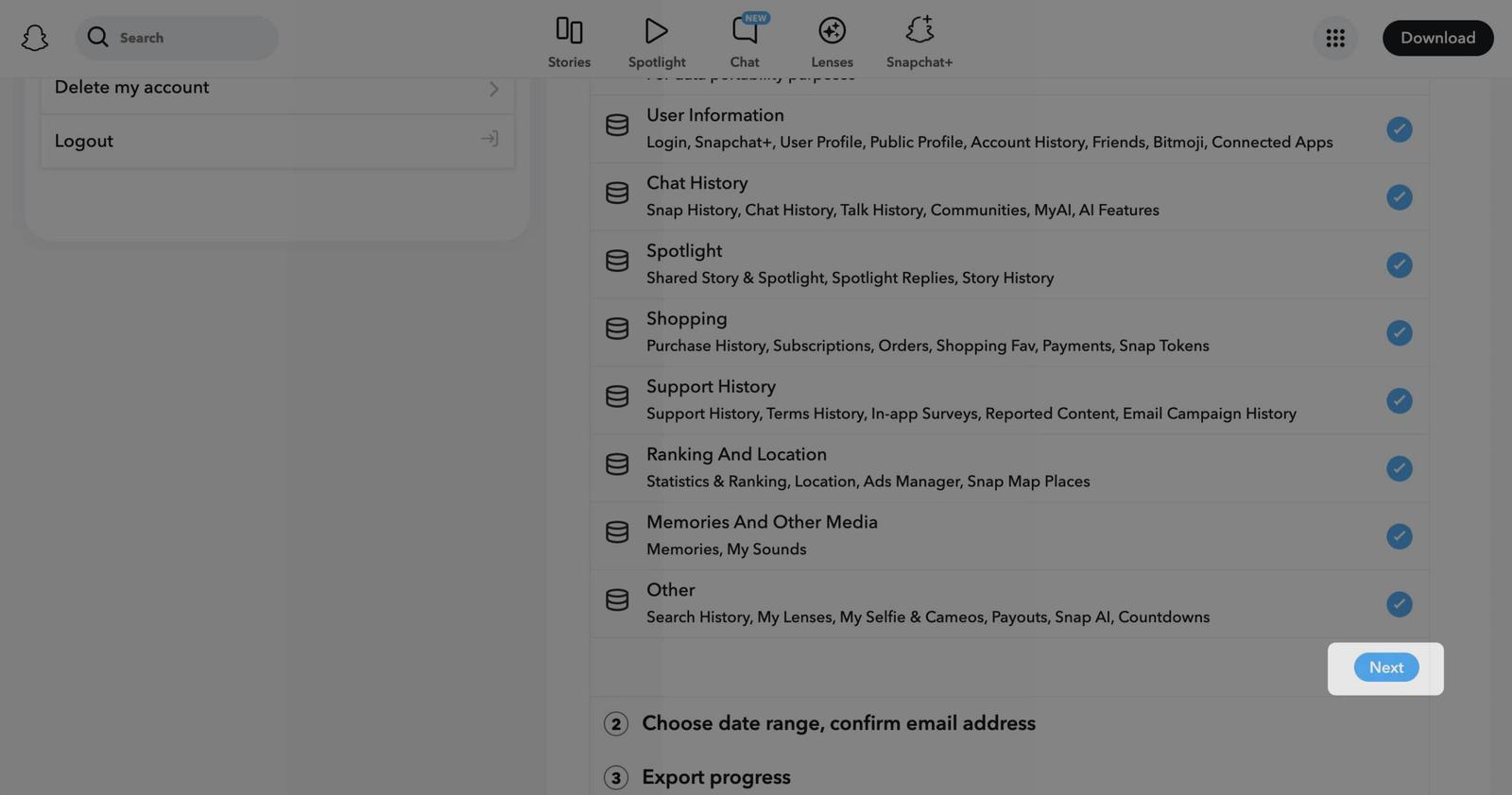 Selecting data to export on Snapchat
