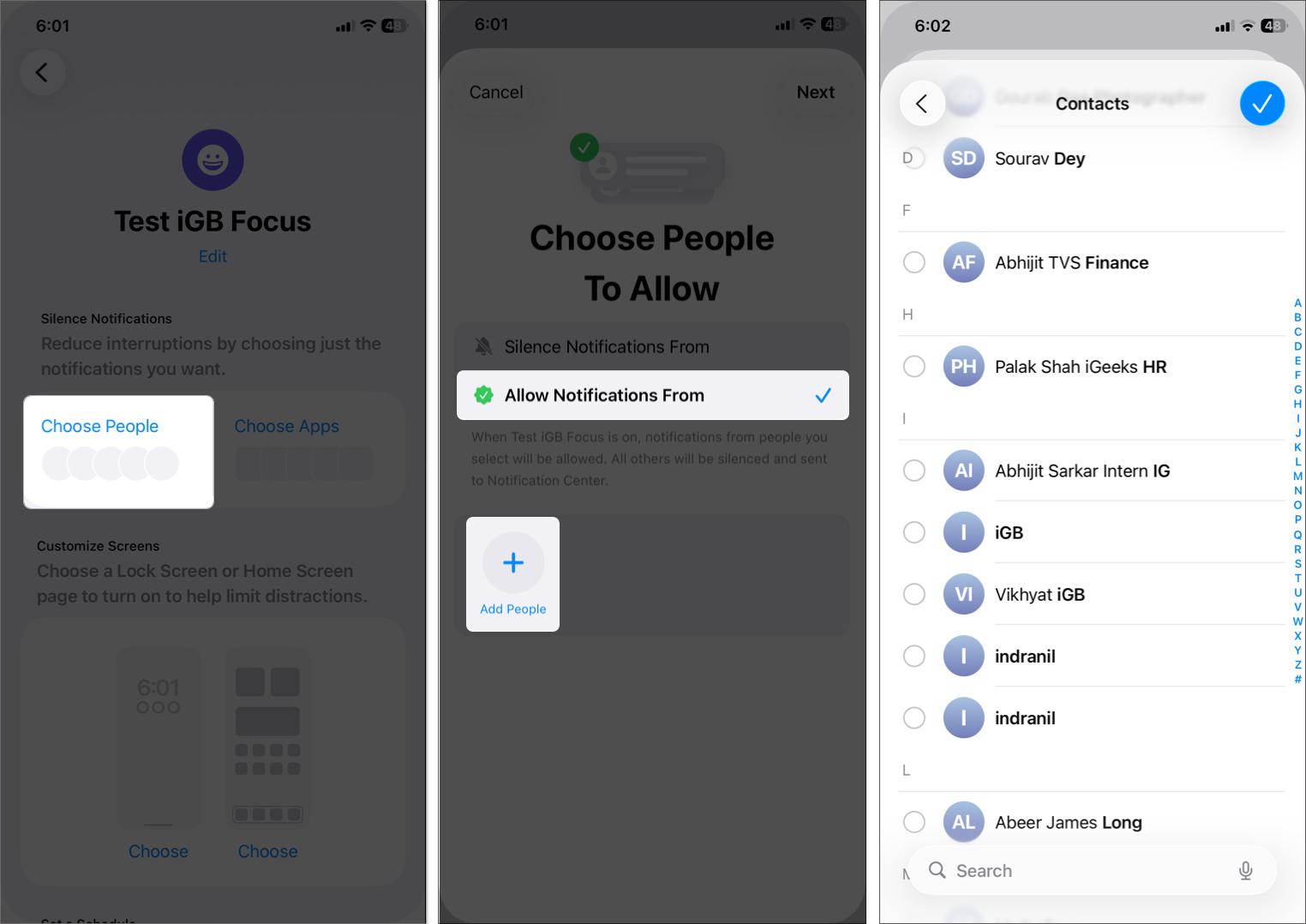 Tap on add people and select contacts from iPhone