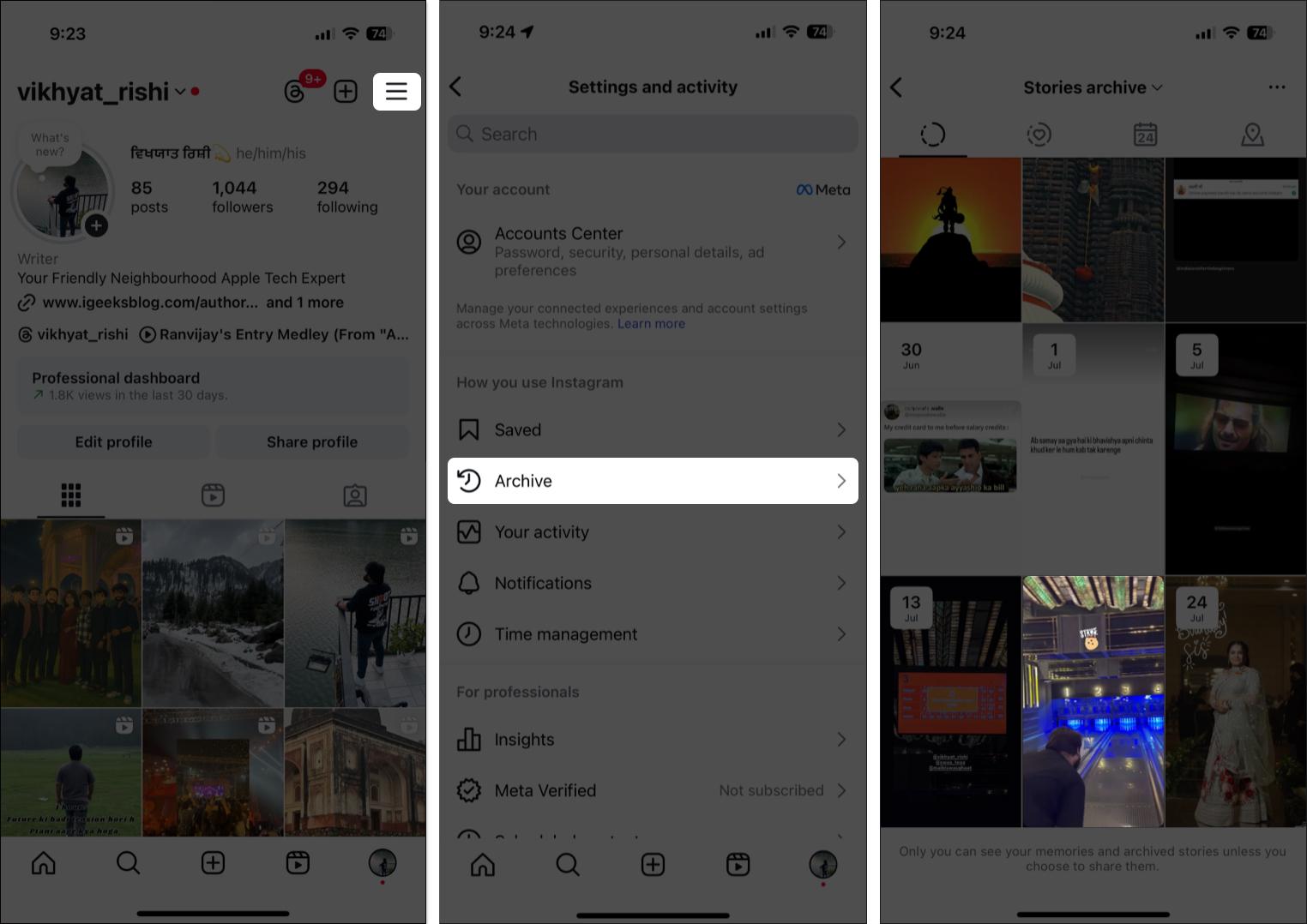 Tap on hamburger sign and find all archive post on Instagram