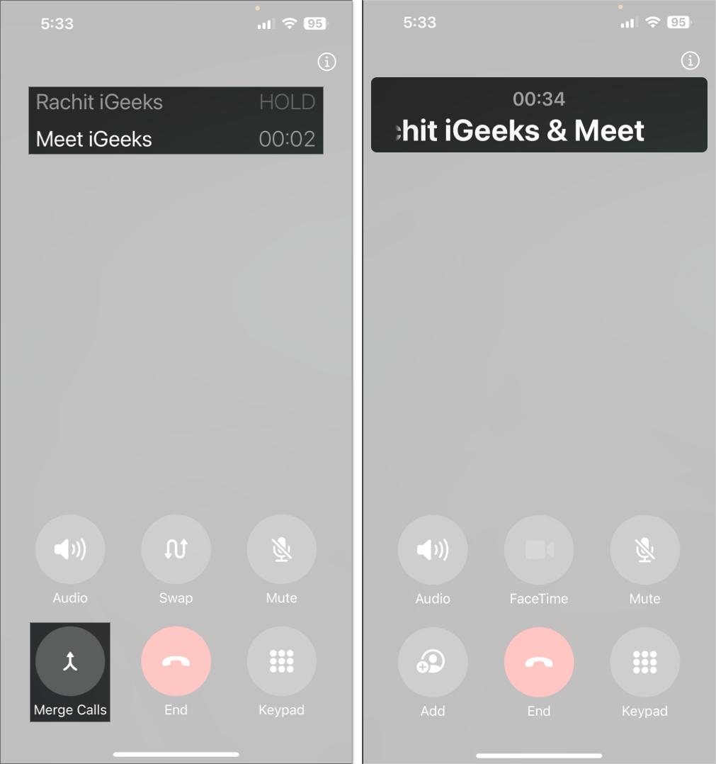 Tap on merge calls to make a conference call on iPhone