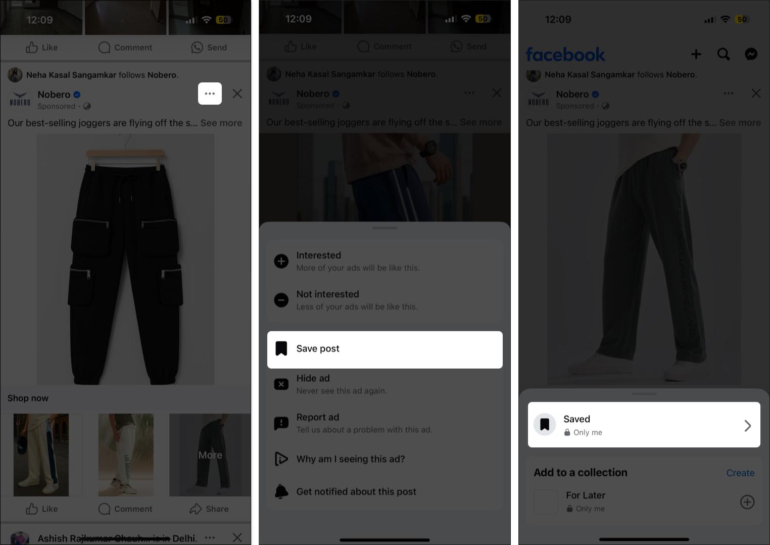 Tap on three dot and save ad on Facebook