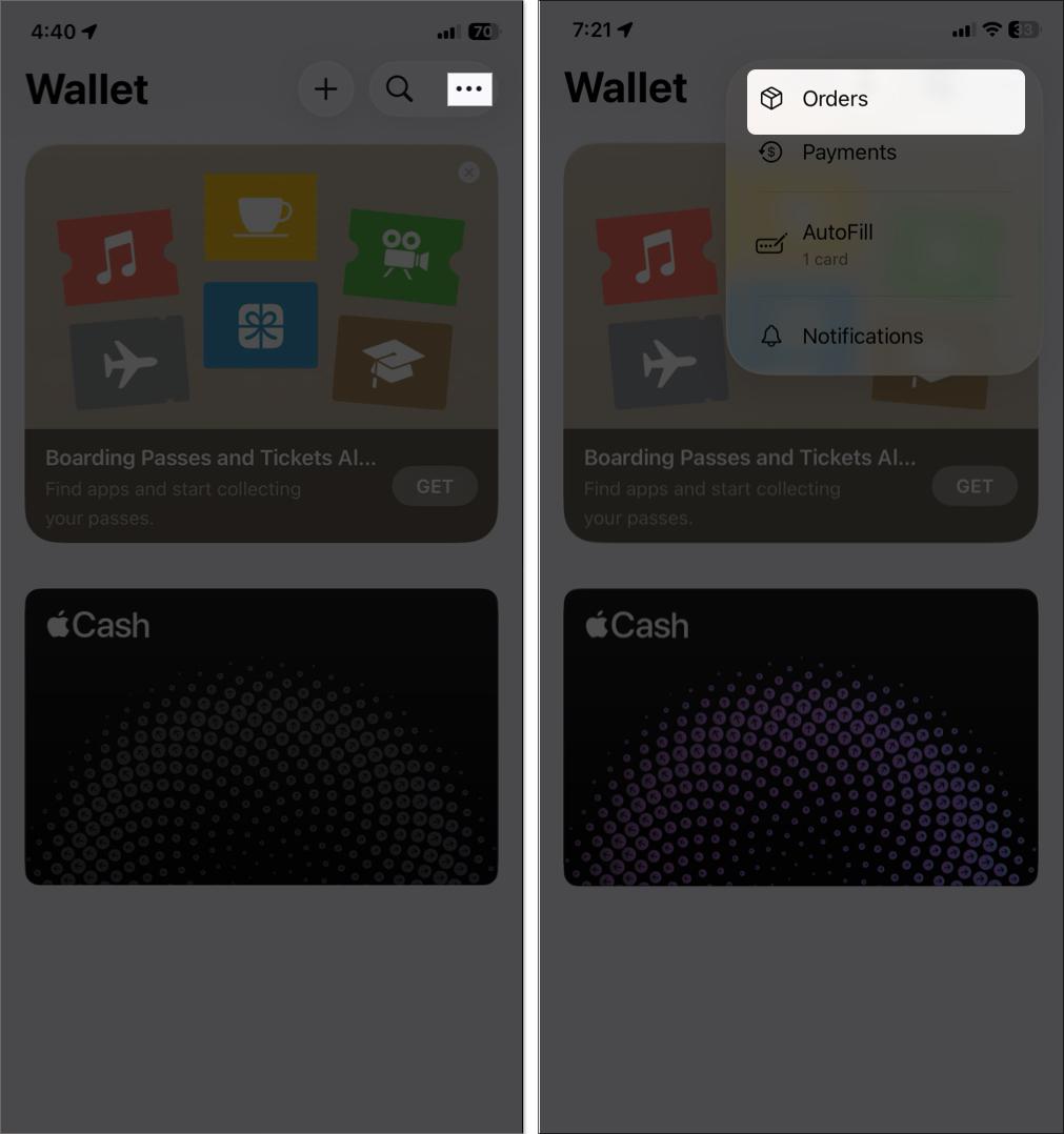 Tap the three dot button and select orders