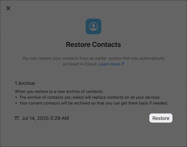 Tap to restore file on Mac