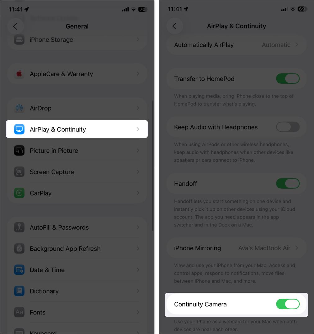 Toggle on continuity camera on iPhone settings
